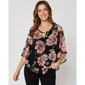 Sweet‎ Violet Floral Overlay Blouse Sheer Poncho Cape Sleeve Tank Top L